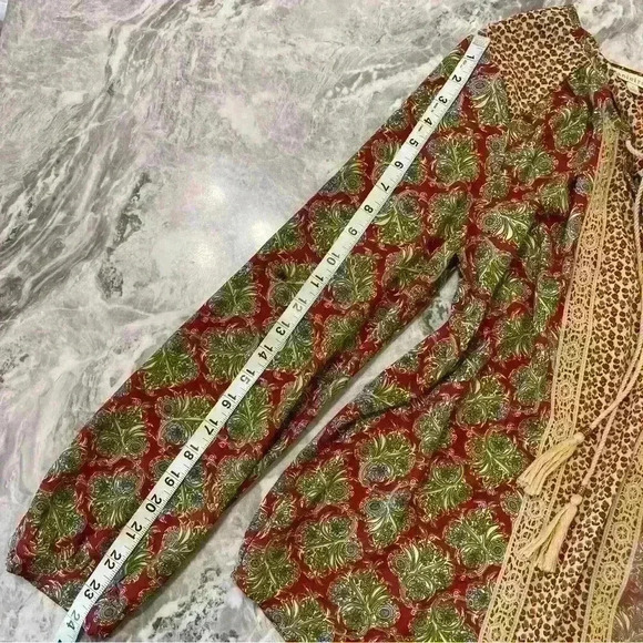 Daniel Rainn Womens S Red Brown Pattern Long Sleeve Boho Crochet Tassel Blouse - Picture 6 of 12